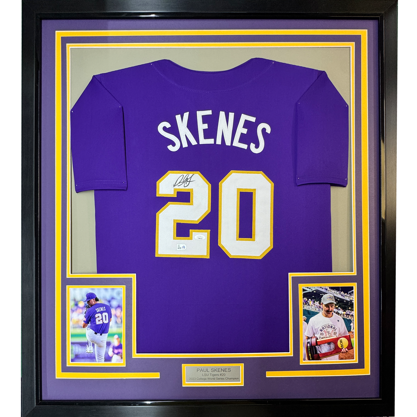 Framed Autographed/Signed Paul Skenes 35x39 Purple LSU College Baseball Jersey JSA COA