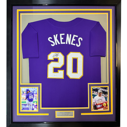 Framed Autographed/Signed Paul Skenes 35x39 Purple LSU College Baseball Jersey JSA COA