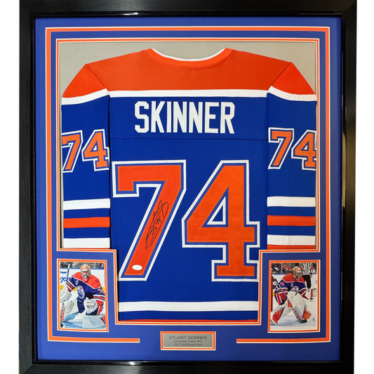 Framed Autographed/Signed Stuart Skinner 35x39 Edmonton Blue Hockey Jersey JSA COA