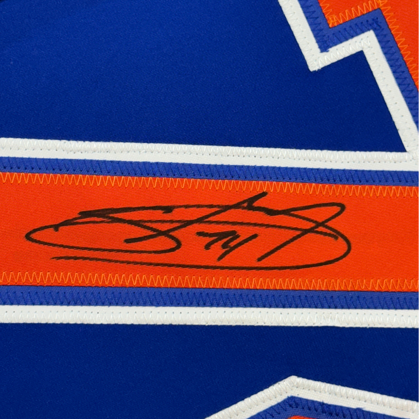 Framed Autographed/Signed Stuart Skinner 35x39 Edmonton Blue Hockey Jersey JSA COA