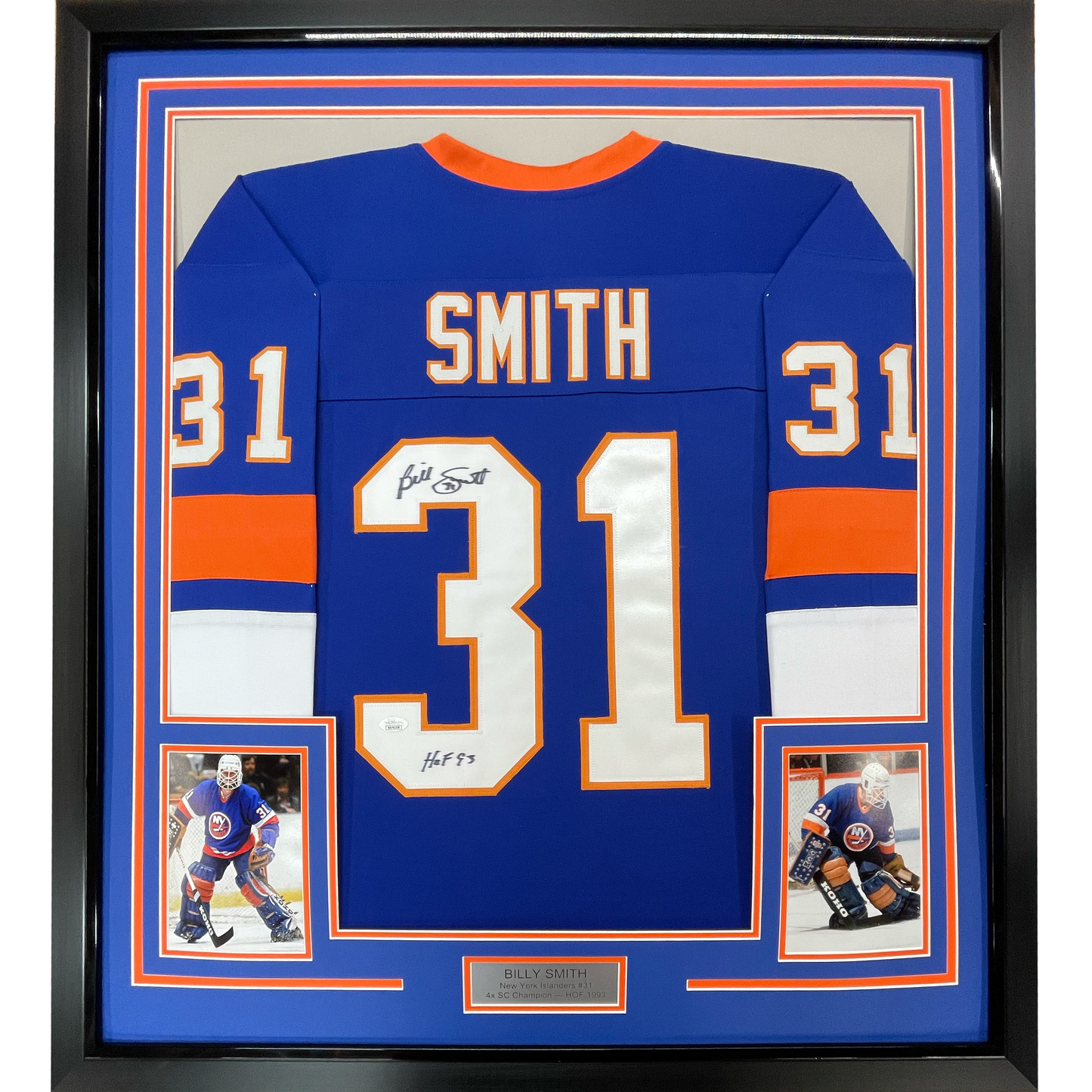 Framed Autographed/Signed Billy Smith 35x39 New York Blue Hockey Jersey JSA COA