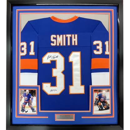 Framed Autographed/Signed Billy Smith 35x39 New York Blue Hockey Jersey JSA COA