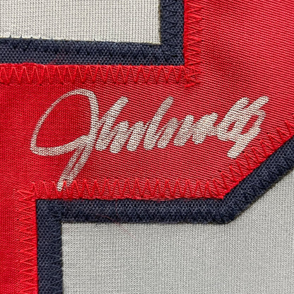 Framed Autographed/Signed John Smoltz 35x39 Atlanta Grey Baseball Jersey JSA COA