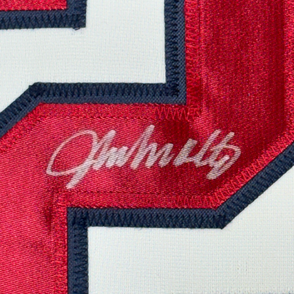 Framed Autographed/Signed John Smoltz 35x39 Atlanta White Baseball Jersey JSA COA