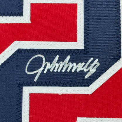 Framed Autographed/Signed John Smoltz 35x39 Atlanta Red Baseball Jersey Beckett BAS COA