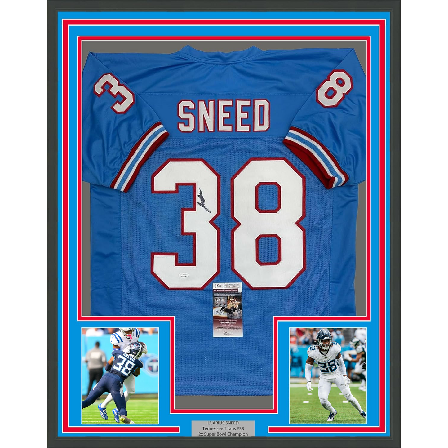 Framed Autographed/Signed L'Jarius Sneed 35x39 Tennessee Retro Blue Football Jersey JSA COA