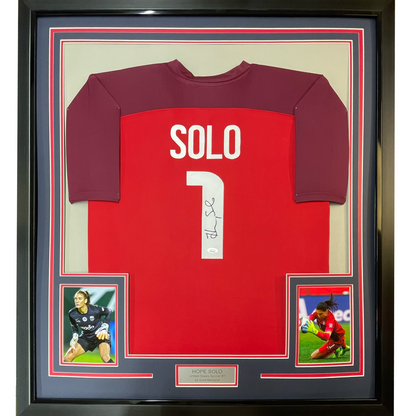 Framed Autographed/Signed Hope Solo 35x39 United States USA Red Soccer Jersey JSA COA