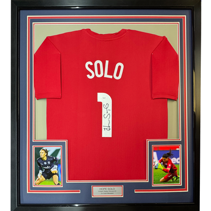 Framed Autographed/Signed Hope Solo 35x39 Red Soccer Team USA World Cup Jersey JSA COA