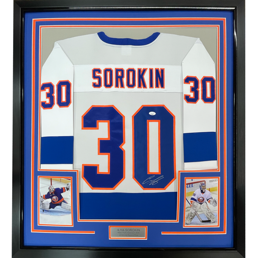 Framed Autographed/Signed Ilya Sorokin 35x39 New York White Hockey Jersey JSA COA