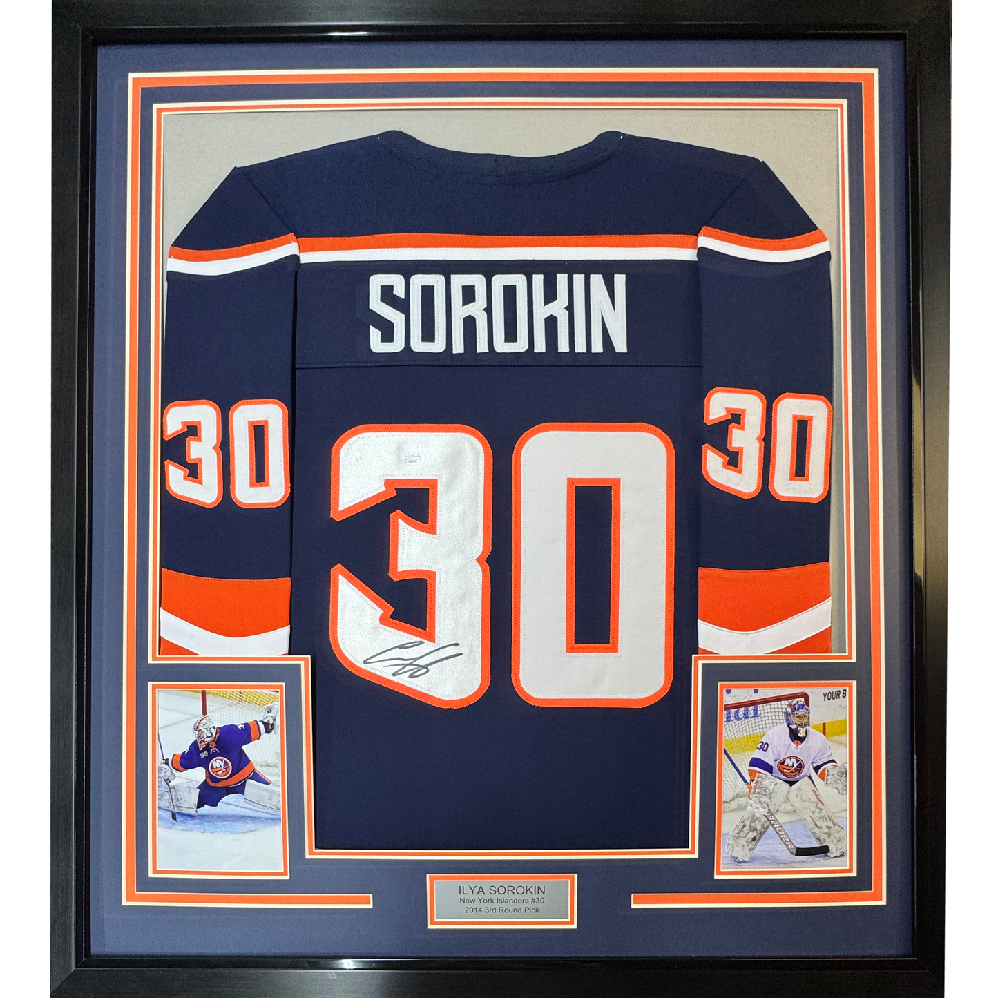 Framed Autographed/Signed Ilya Sorokin 35x39 New York Blue Reverse Retro Hockey Jersey JSA COA