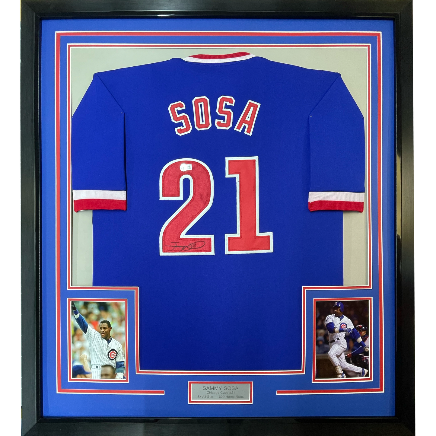 Framed Autographed/Signed Sammy Sosa 35x39 Chicago Blue Baseball Jersey JSA COA