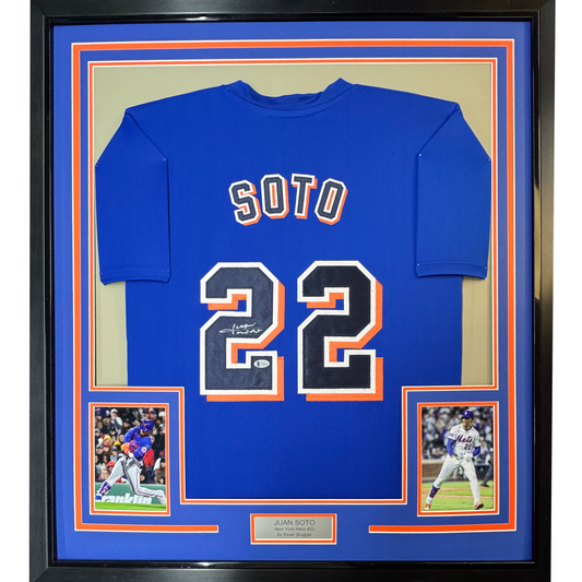 Framed Autographed/Signed Juan Soto 35x39 New York Blue Baseball Jersey Beckett BAS COA