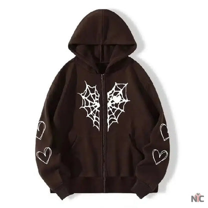Sp5der Zipper Web & Heart Print Hoodie Brown