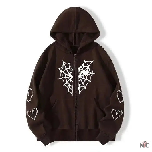 Sp5der Zipper Web & Heart Print Hoodie Brown