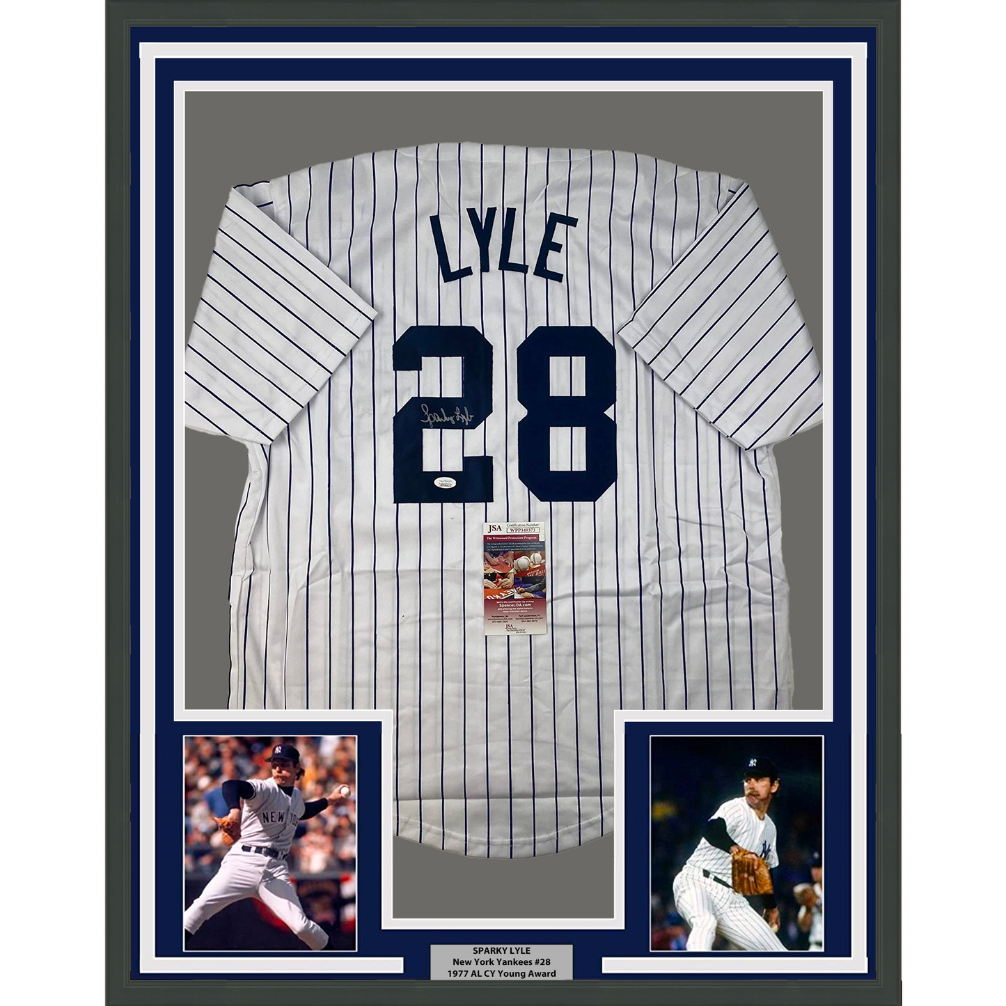 Framed Autographed/Signed Sparky Lyle 35x39 New York Pinstripe Baseball Jersey JSA COA