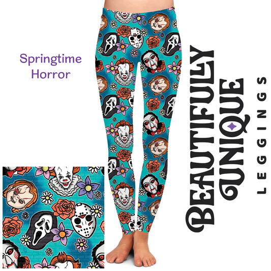 Springtime Horror Leggings (Exclusive) - Chucky Ghostface Pennywise Jason Jigsaw High-quality Handcrafted Vibrant Leggings