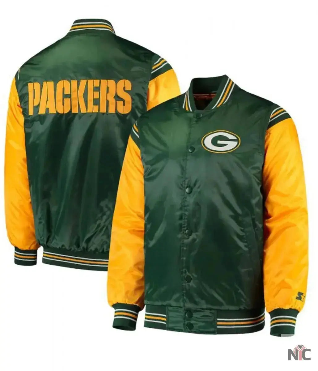 Starter Green Bay Packers Yellow and Green Satin Jacket