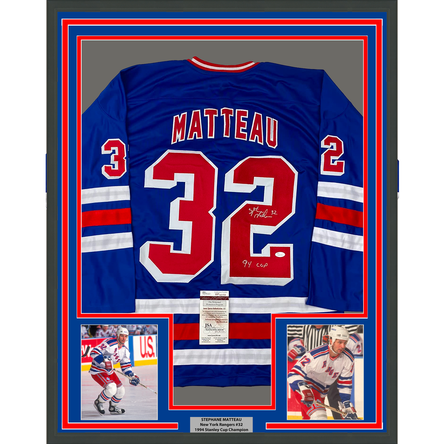 Framed Autographed/Signed Stephane Matteau 35x39 94 Cup New York Blue Hockey Jersey JSA COA