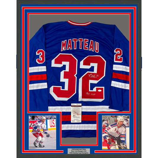 Framed Autographed/Signed Stephane Matteau 35x39 94 Cup New York Blue Hockey Jersey JSA COA