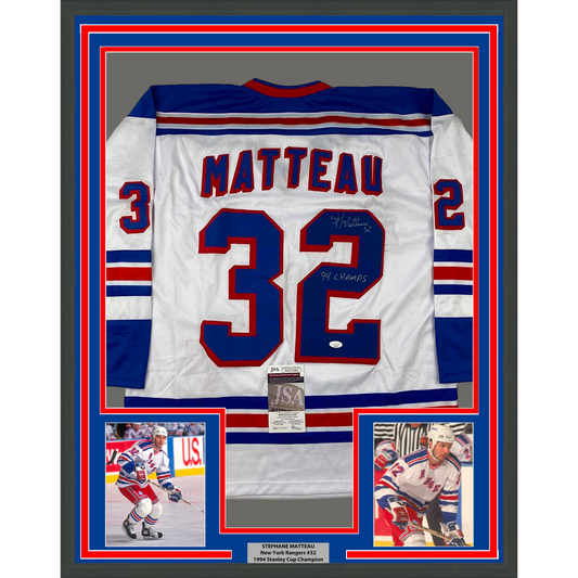 Framed Autographed/Signed Stephane Matteau 94 Champs 33xx42 New York White Hockey Jersey JSA COA