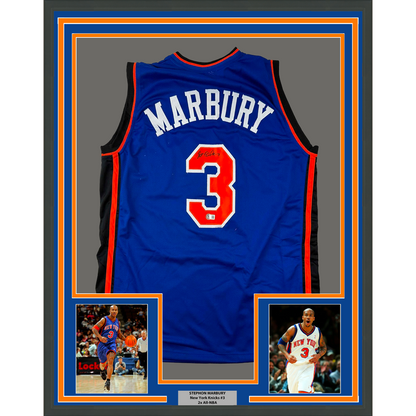 Framed Autographed/Signed Stephon Marbury 35x39 New York Blue Basketball Jersey Beckett BAS COA