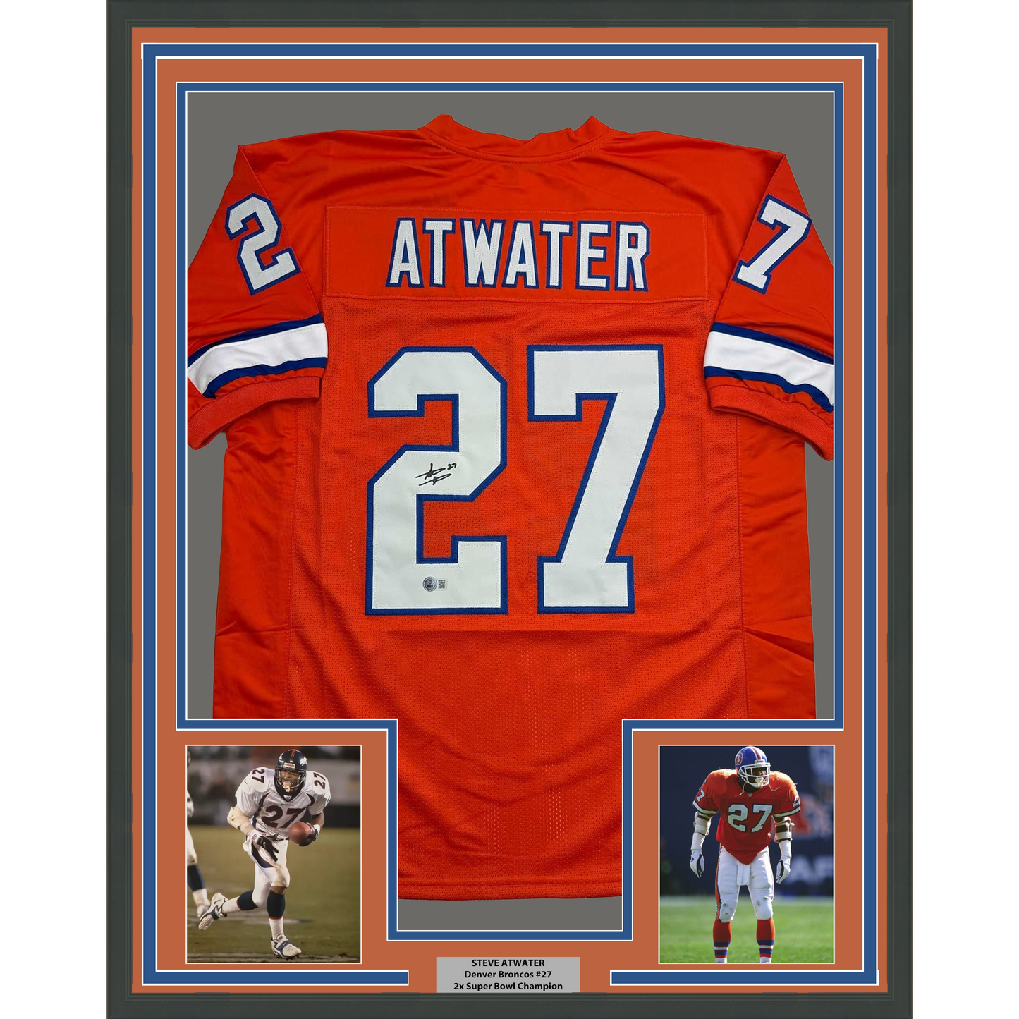 Framed Autographed/Signed Steve Atwater 35x39 Denver Retro Orange Football Jersey Beckett BAS COA