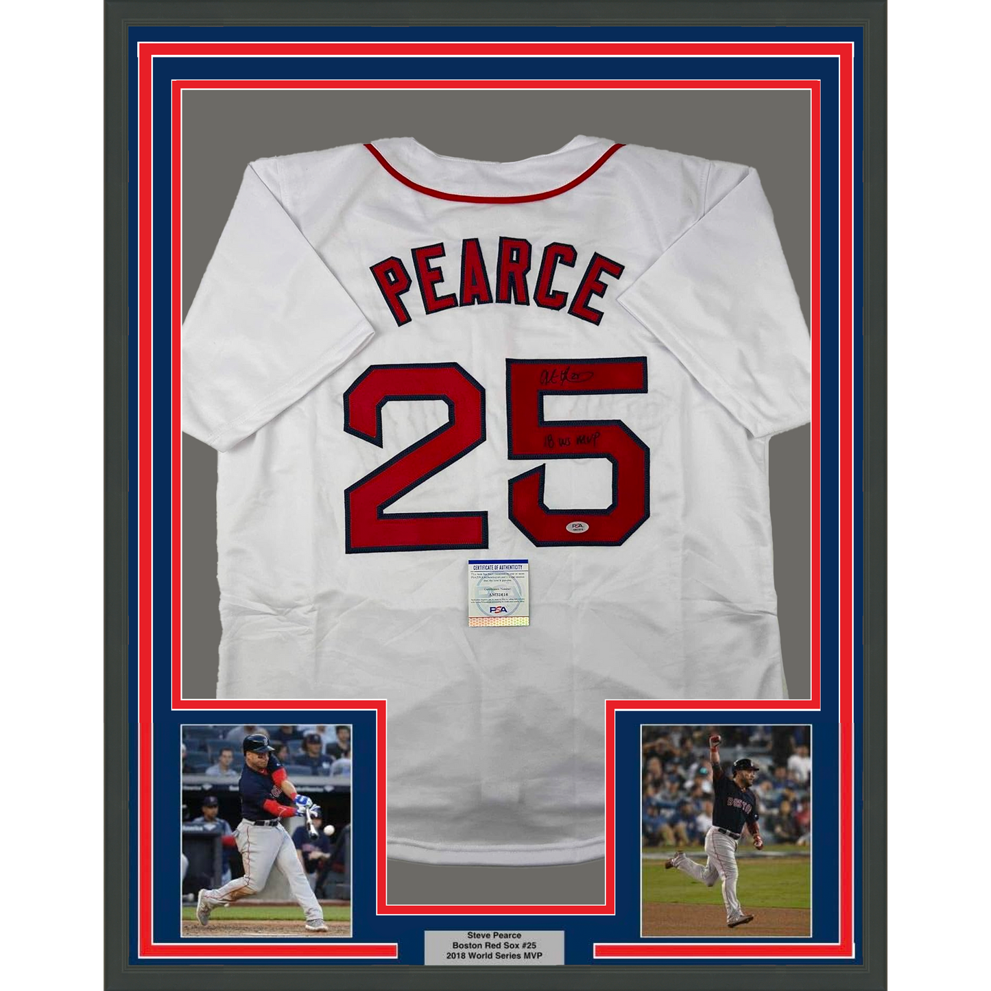 Framed Autographed/Signed Steve Pearce 35x39 18 WS MVP Boston White Baseball Jersey PSA/DNA COA