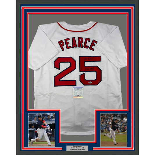 Framed Autographed/Signed Steve Pearce 35x39 18 WS MVP Boston White Baseball Jersey PSA/DNA COA