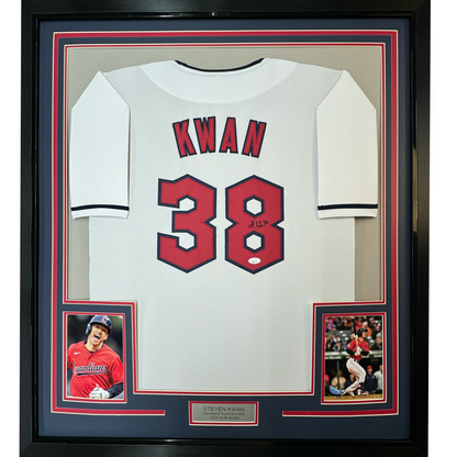 Framed Autographed/Signed Steven Kwan 35x39 Cleveland White Baseball Jersey JSA COA