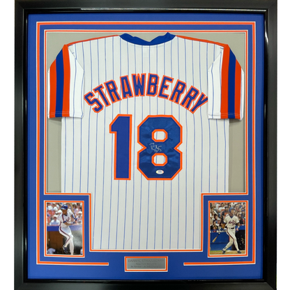 Framed Autographed/Signed Darryl Strawberry 35x39 New York Pinstripe Baseball Jersey PSA/DNA COA
