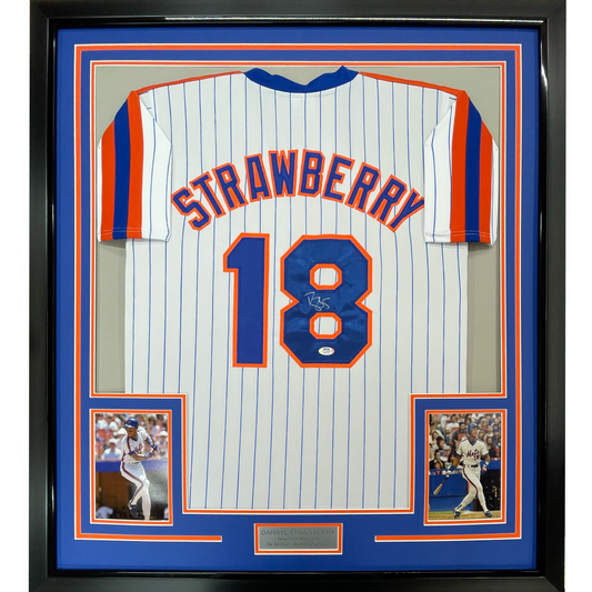 Framed Autographed/Signed Darryl Strawberry 35x39 New York Pinstripe Baseball Jersey PSA/DNA COA
