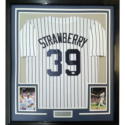 Framed Autographed/Signed Darryl Strawberry 35x39 New York Pinstripe Baseball Jersey JSA COA