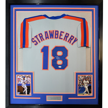 Framed Autographed/Signed Darryl Strawberry 35x39 New York Grey Baseball Jersey PSA/DNA COA