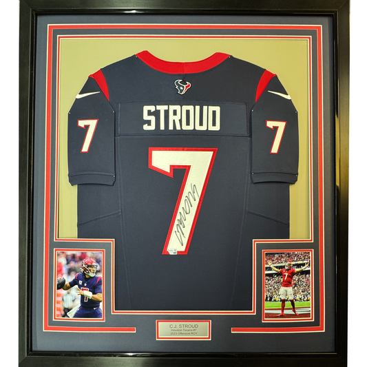 Framed Autographed/Signed C.J CJ Stroud 35x39 Houston Blue Nike Dri-Fit Limited Football Jersey Fanatics COA