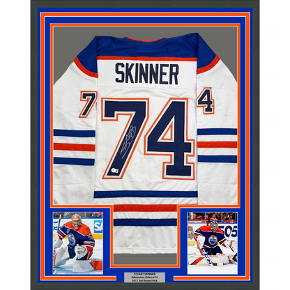 Framed Autographed/Signed Stuart Skinner 35x39 Edmonton White Hockey Jersey Beckett BAS COA