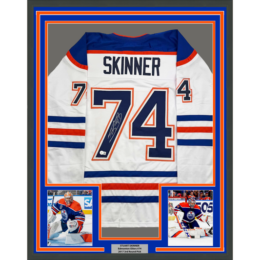 Framed Autographed/Signed Stuart Skinner 35x39 Edmonton White Hockey Jersey Beckett BAS COA