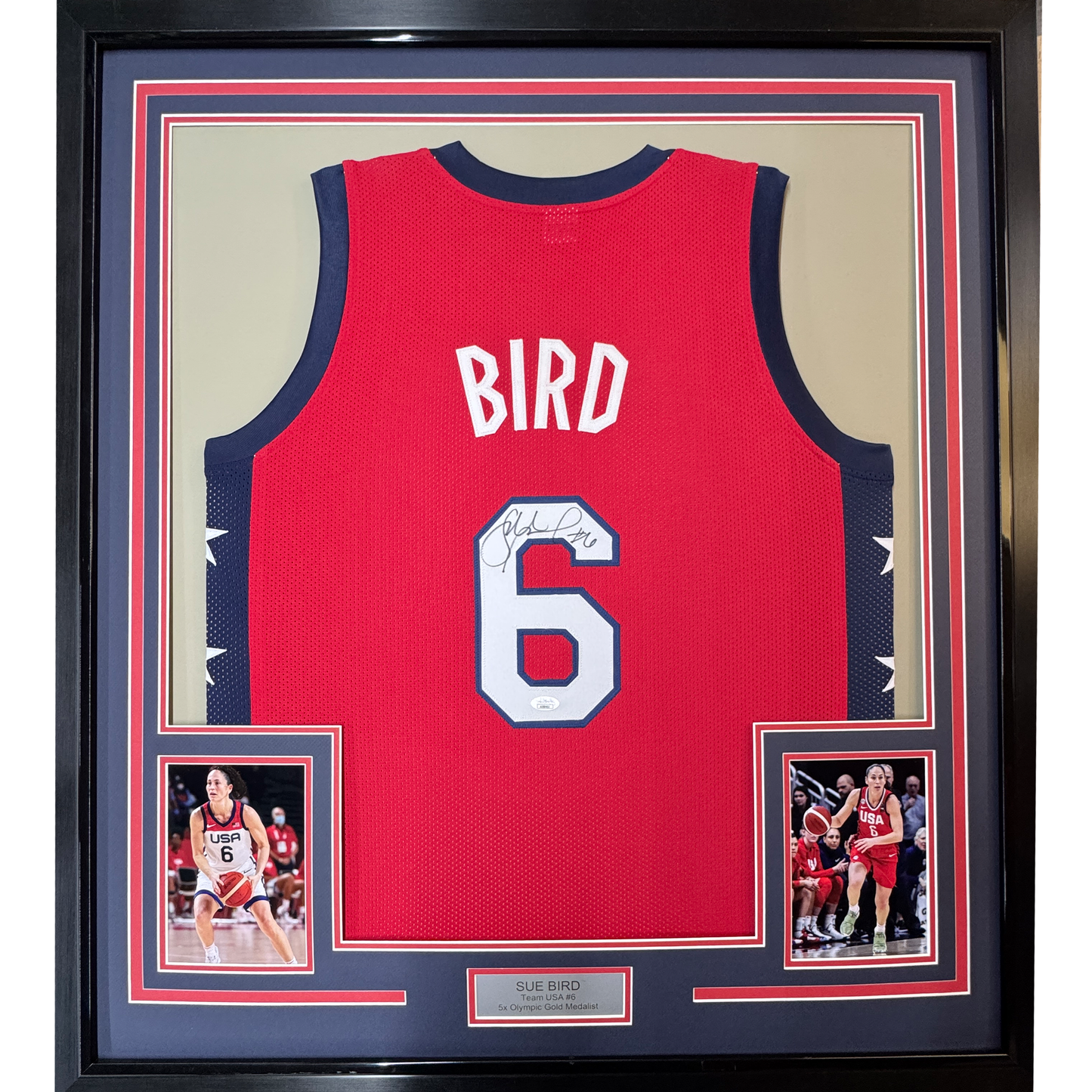 Framed Autographed/Signed Sue Bird 35x39 USA Olympics Red Basketball Jersey JSA COA