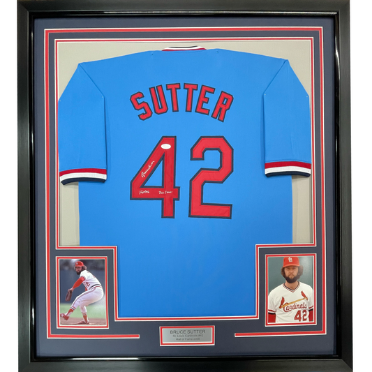 Framed Autographed/Signed Bruce Sutter HOF 06 35x39 St. Louis Blue Baseball Jersey JSA COA