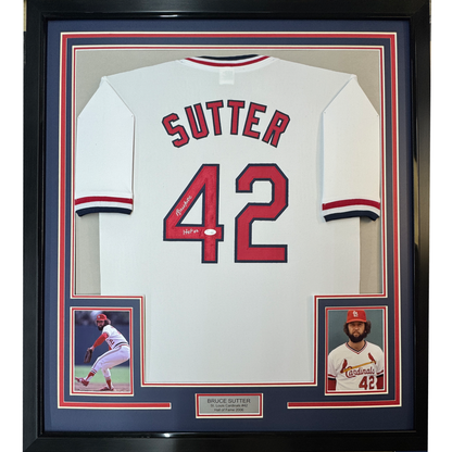 Framed Autographed/Signed Bruce Sutter HOF 06 35x39 St. Louis White Baseball Jersey JSA COA