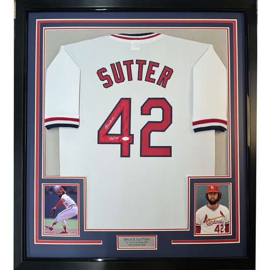 Framed Autographed/Signed Bruce Sutter HOF 06 35x39 St. Louis White Baseball Jersey JSA COA
