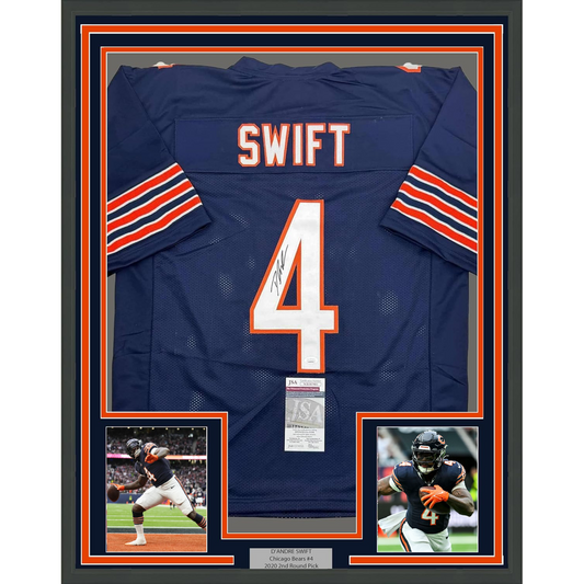 Framed Autographed/Signed D'Andre Swift 35x39 Chicago Blue Football Jersey JSA COA