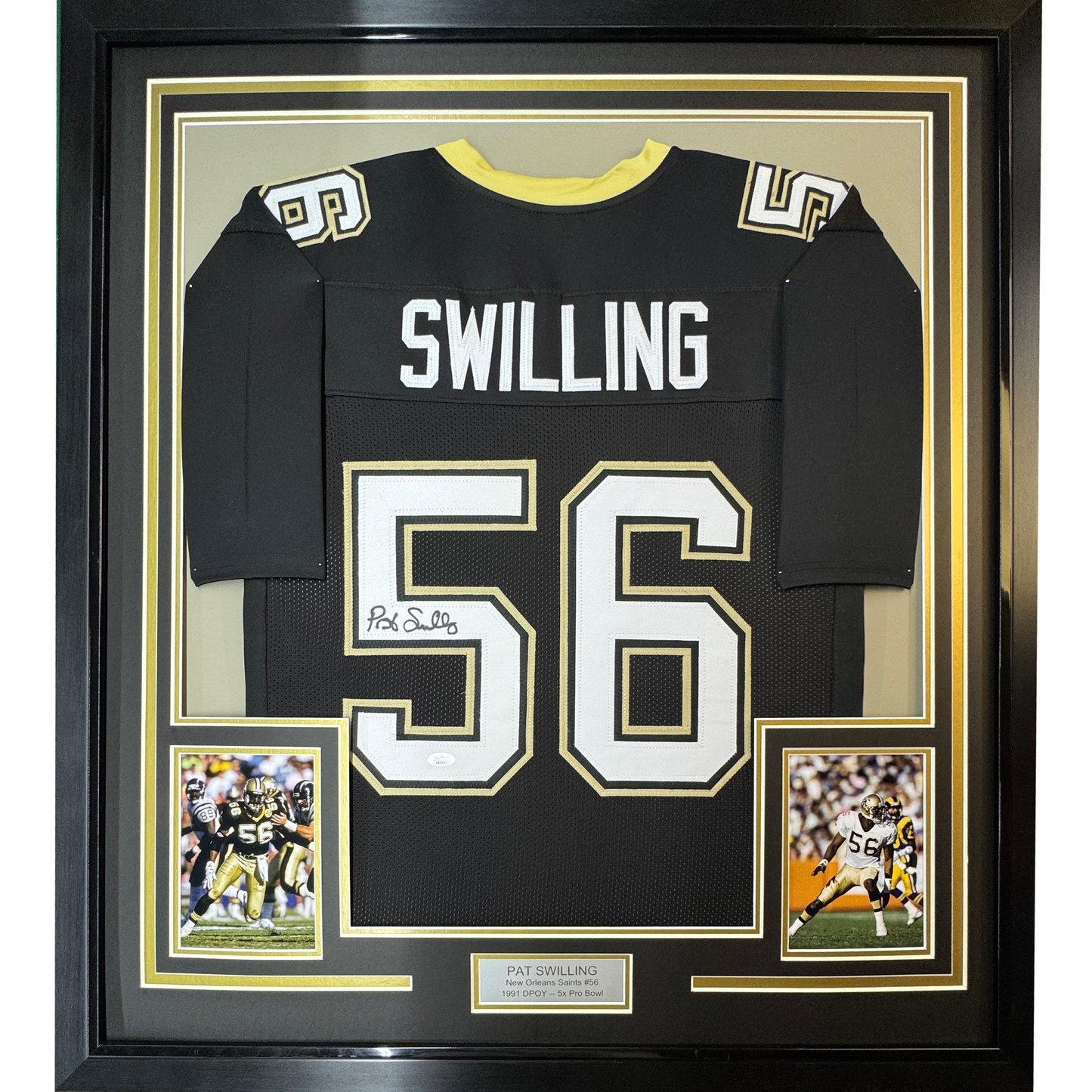 Framed Autographed/Signed Pat Swilling 35x39 New Orleans Black Football Jersey JSA COA