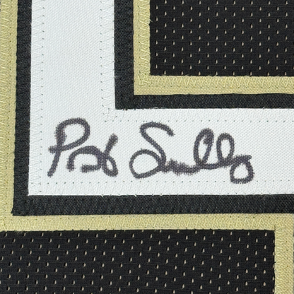 Framed Autographed/Signed Pat Swilling 35x39 New Orleans Black Football Jersey JSA COA