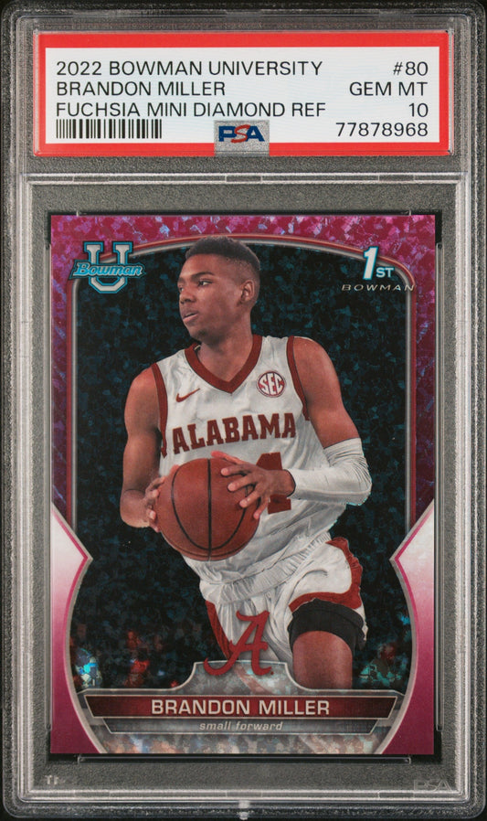 Graded 2022 Topps Bowman University Brandon Miller #80 Fuchsia Mini Diamond Refractor #/150 Rookie RC Basketball Card PSA 10 Gem Mint
