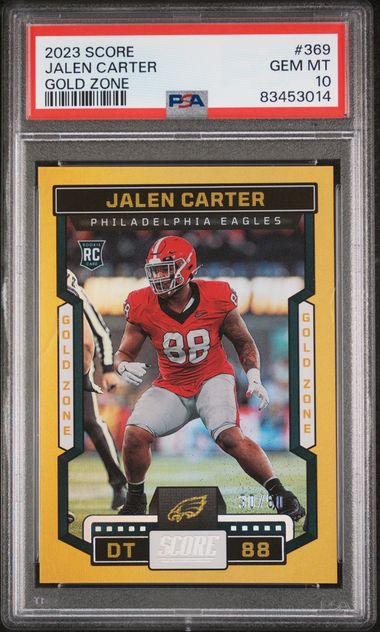 Graded 2023 Panini Score Jalen Carter #369 Gold Zone Rookie RC Football Card PSA 10 Gem Mint