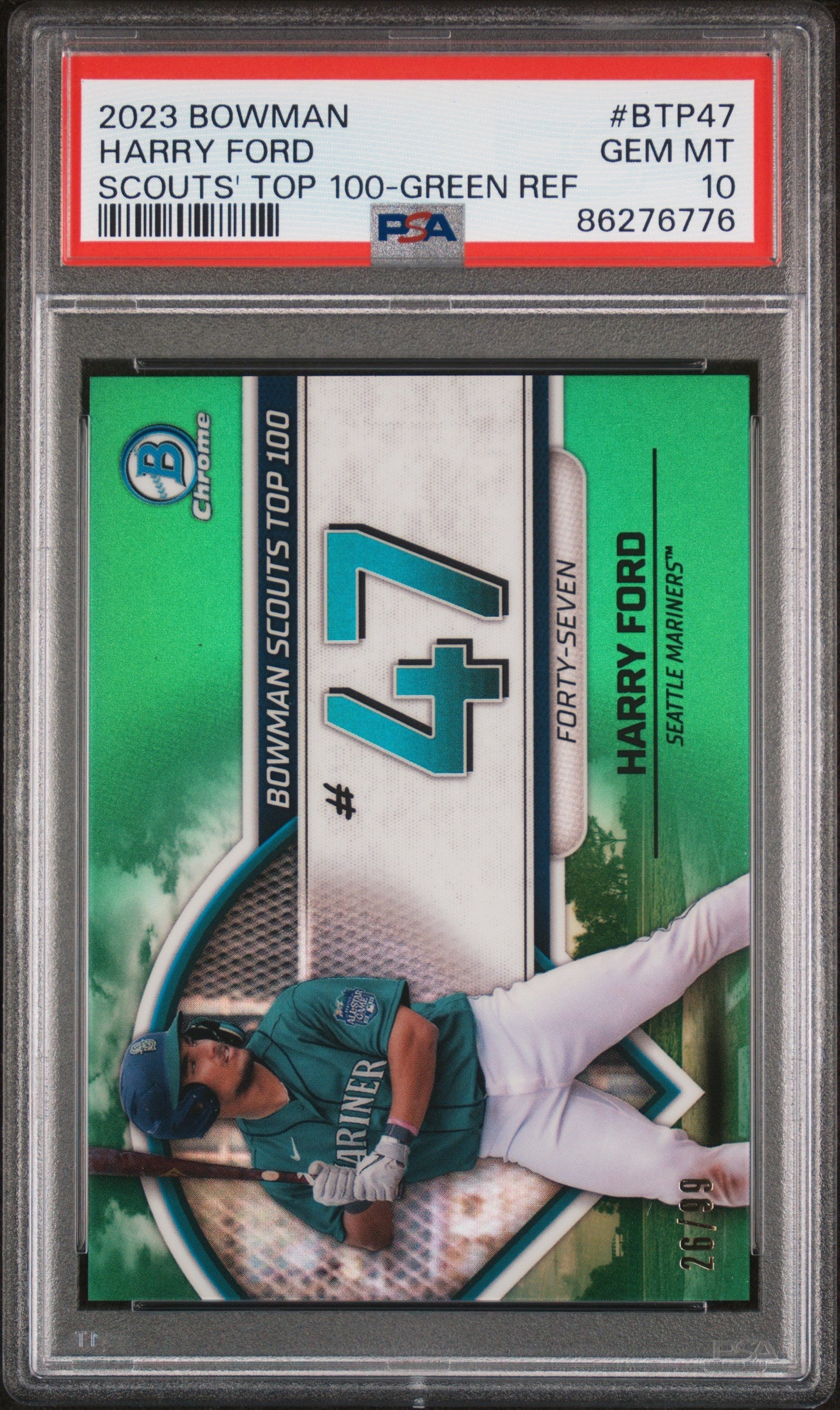 Graded 2023 Topps Bowman Harry Ford #BTP47 Scouts Top 100 Green Refractor #/99 Rookie RC Baseball Card PSA 10 Gem Mint