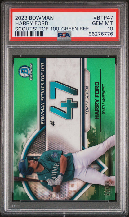 Graded 2023 Topps Bowman Harry Ford #BTP47 Scouts Top 100 Green Refractor #/99 Rookie RC Baseball Card PSA 10 Gem Mint