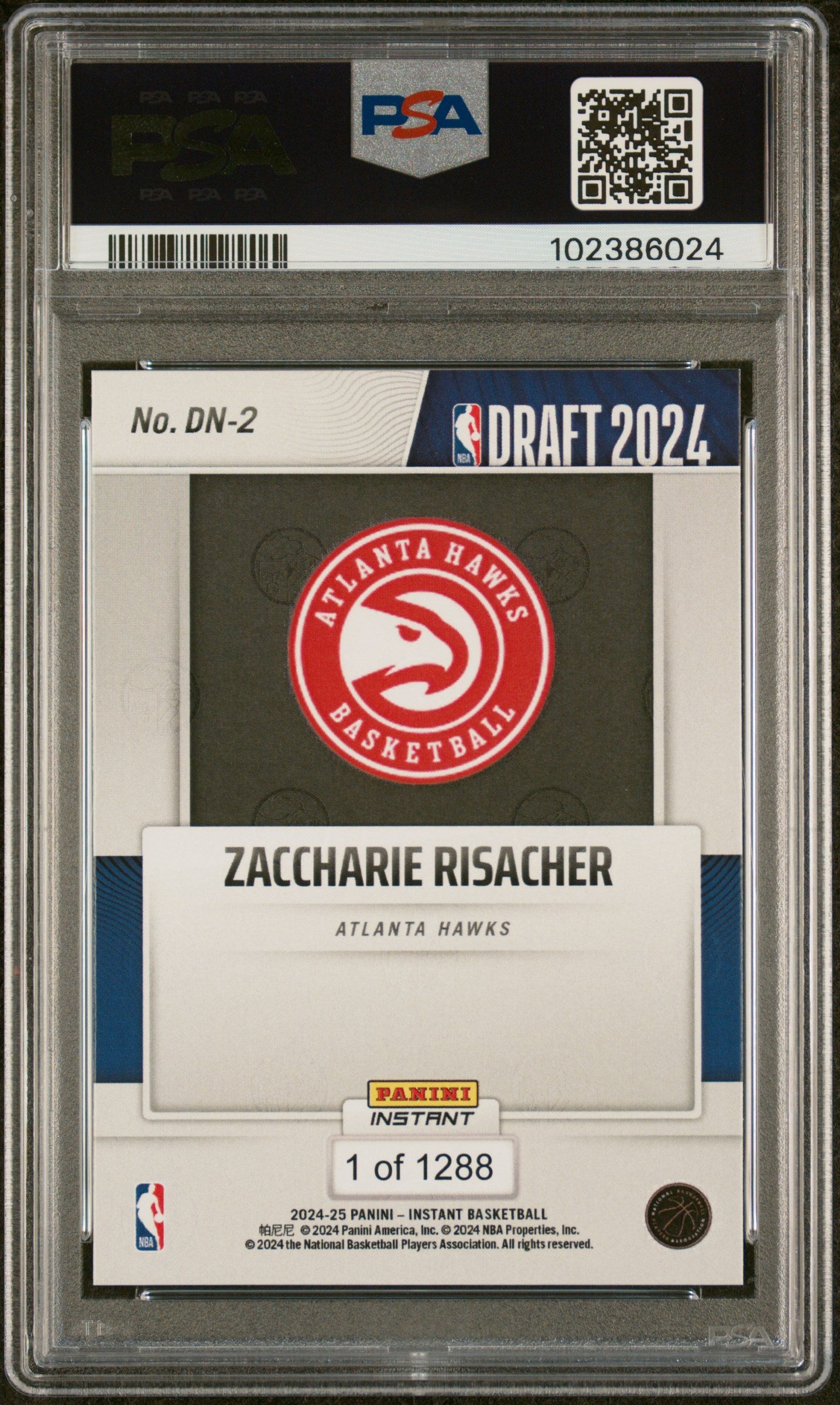 Graded 2024 Panini Instant NBA Zaccharie Risacher #DN2 Draft Night Rookie RC Basketball Card PSA 9 Mint