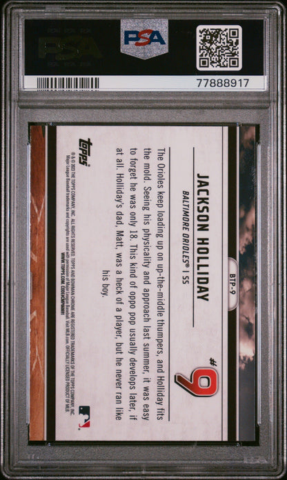 Graded 2023 Topps Bowman Jackson Holliday #BTP9 Scouts Top 100 Rookie RC Baseball Card PSA 10 Gem Mint