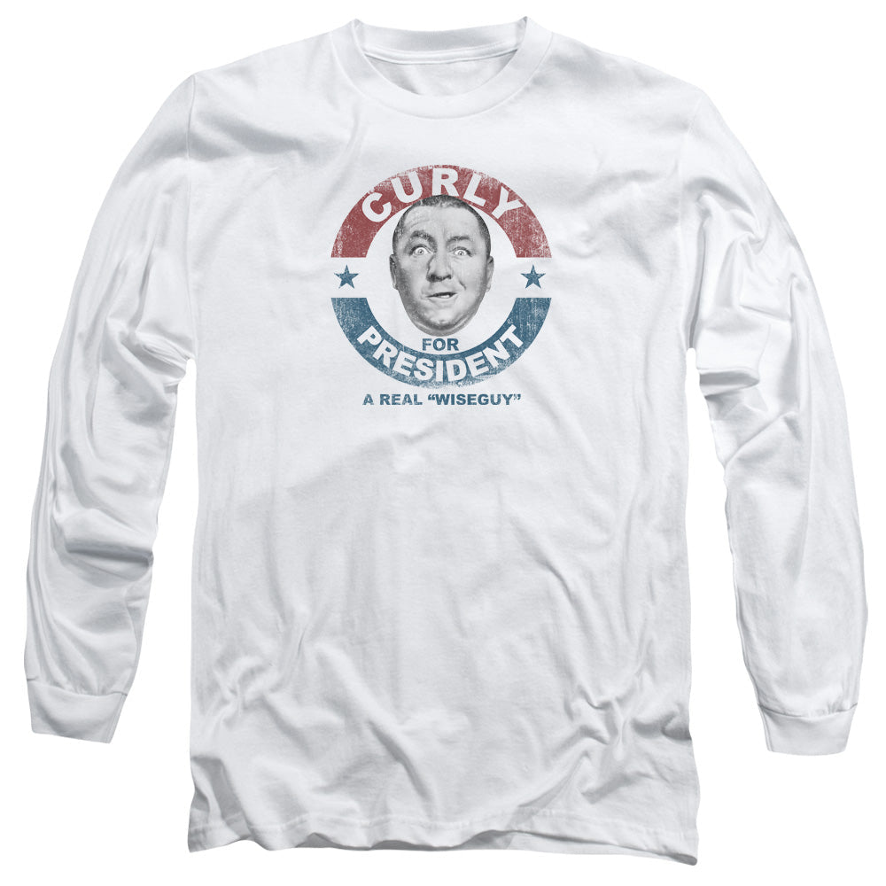 Three Stooges Curly For President Mens Long Sleeve Shirt White Officially Licensed